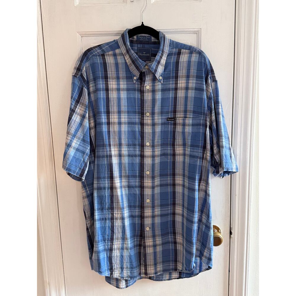 Faconnable Men's Short Sleeve Button Down Plaid Blue/White Lg